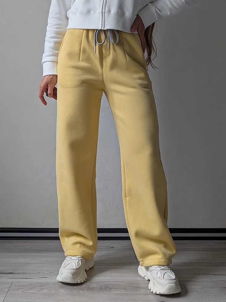 Streamgirl Warm Pants For Women Winter Brown Wide Leg Fleece Sweatpants Women Baggy Sport Winter Thick Velvet Warm Trousers