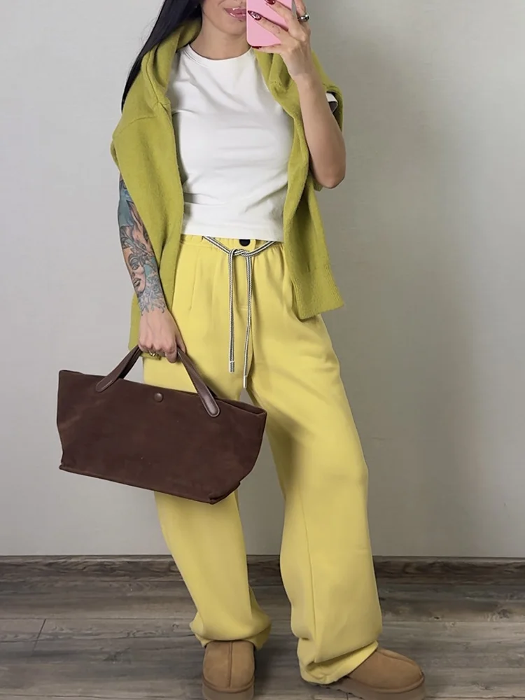 Streamgirl Warm Pants For Women Winter Brown Wide Leg Fleece Sweatpants Women Baggy Sport Winter Thick Velvet Warm Trousers
