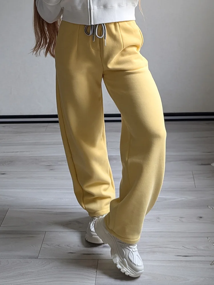 Streamgirl Warm Pants For Women Winter Brown Wide Leg Fleece Sweatpants Women Baggy Sport Winter Thick Velvet Warm Trousers