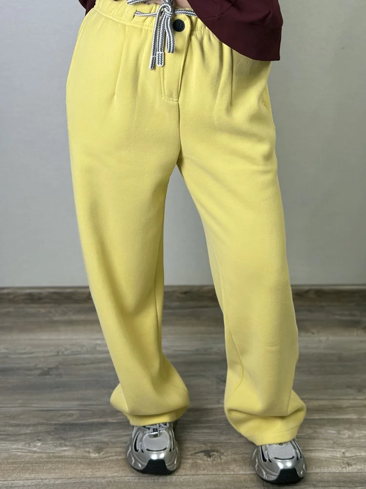 Streamgirl Warm Pants For Women Winter Brown Wide Leg Fleece Sweatpants Women Baggy Sport Winter Thick Velvet Warm Trousers