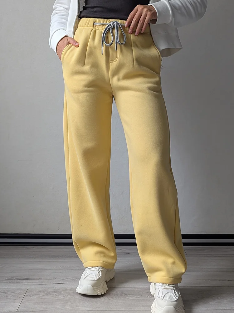 Streamgirl Warm Pants For Women Winter Brown Wide Leg Fleece Sweatpants Women Baggy Sport Winter Thick Velvet Warm Trousers