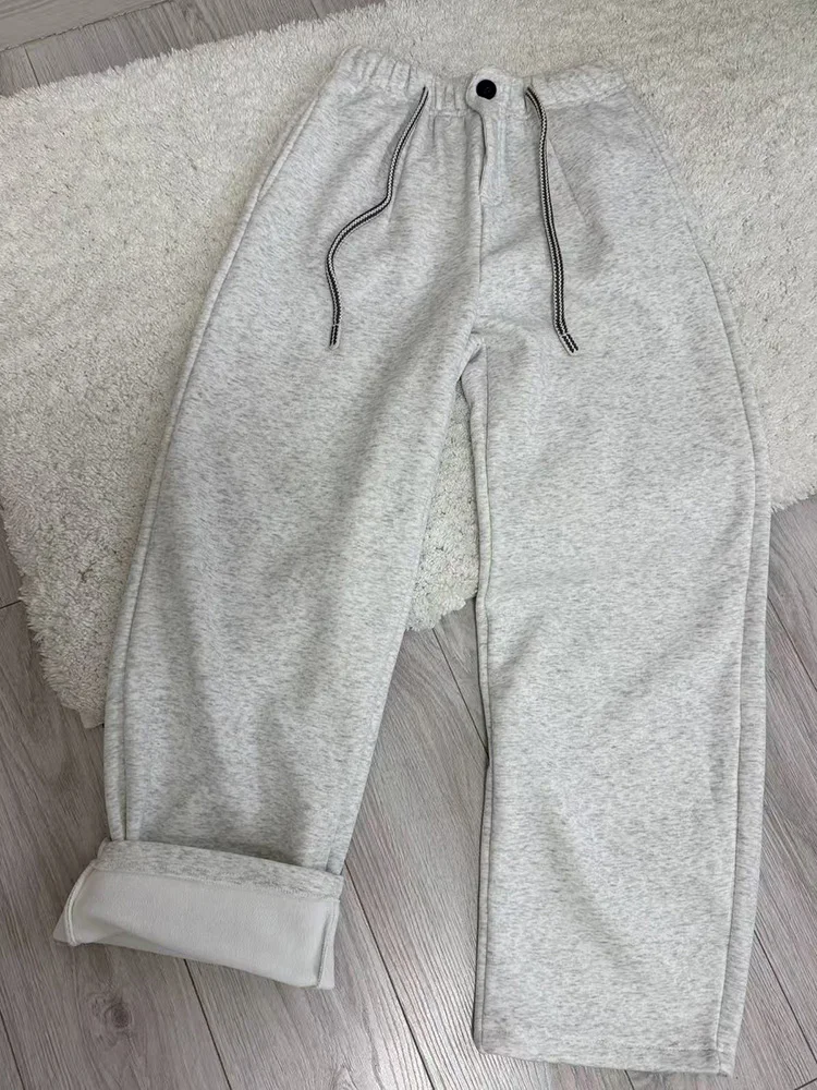 Streamgirl Warm Pants For Women Winter Brown Wide Leg Fleece Sweatpants Women Baggy Sport Winter Thick Velvet Warm Trousers
