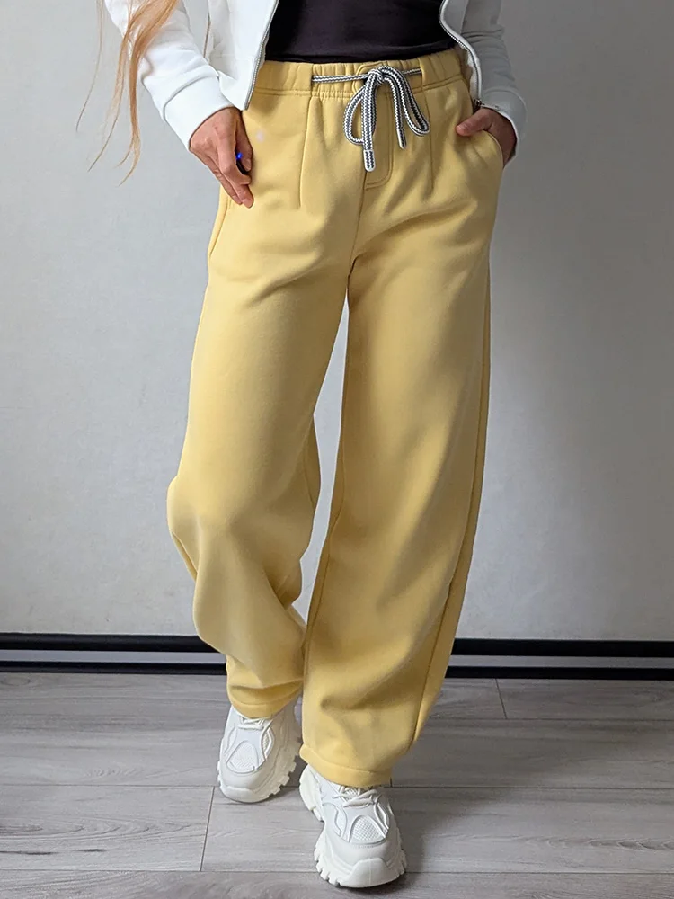 Streamgirl Warm Pants For Women Winter Brown Wide Leg Fleece Sweatpants Women Baggy Sport Winter Thick Velvet Warm Trousers