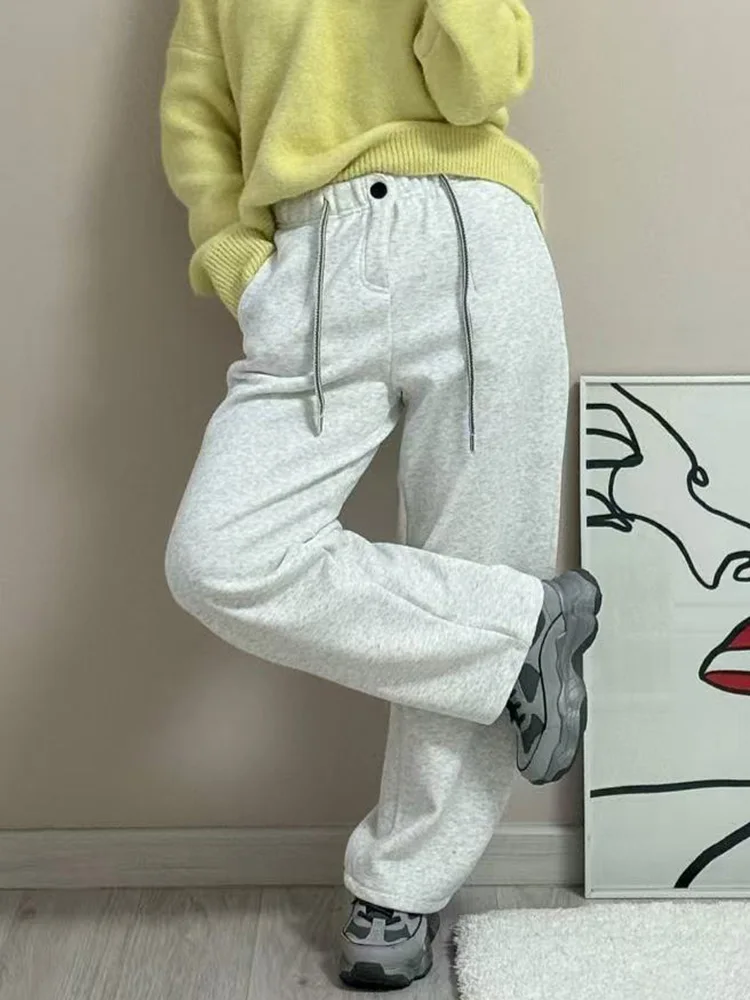 Streamgirl Warm Pants For Women Winter Brown Wide Leg Fleece Sweatpants Women Baggy Sport Winter Thick Velvet Warm Trousers