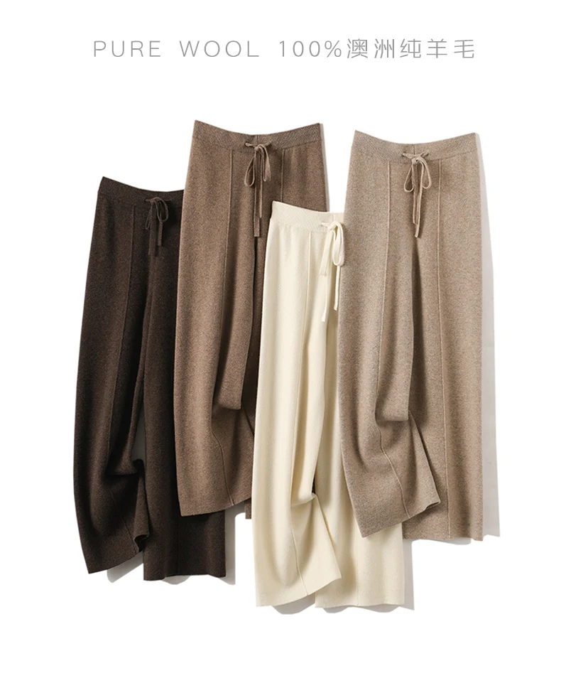 New Arrival Women High Waist Wide Leg Pants For Autumn Winter Thick Warm Solid Basic Casual Trousers 100% Merino Wool Knitwear