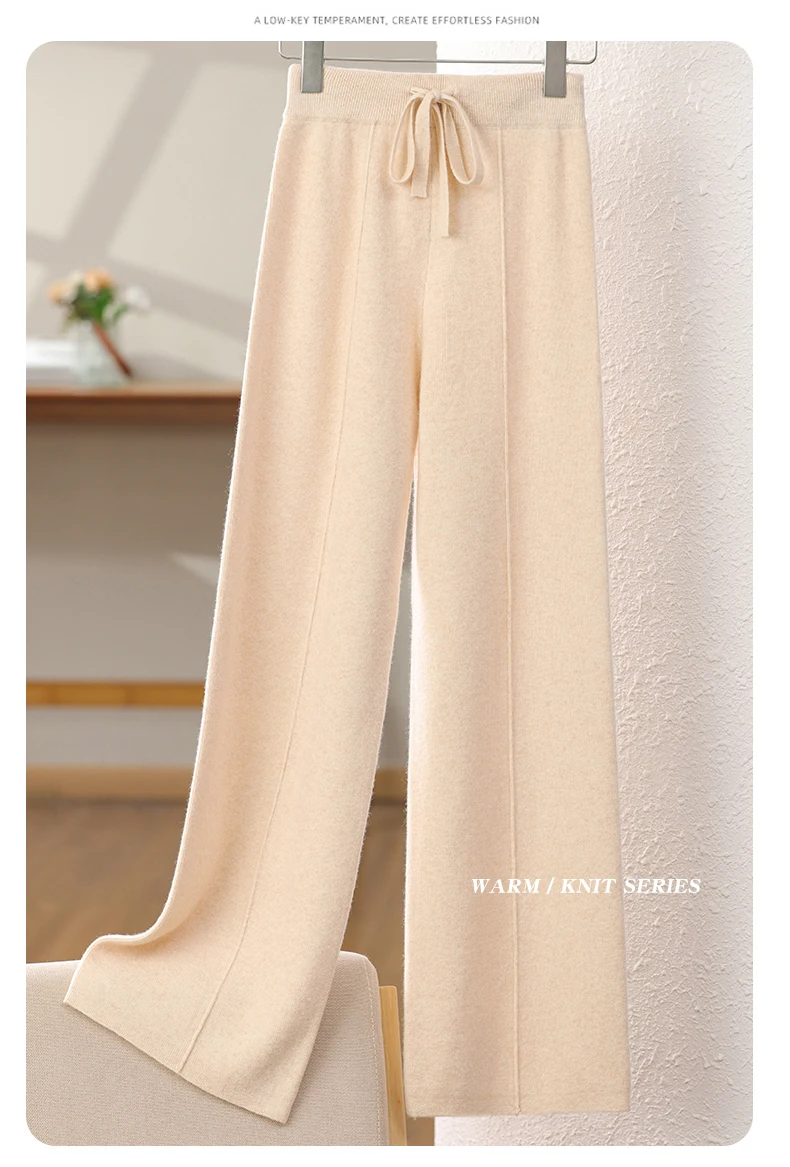 New Arrival Women High Waist Wide Leg Pants For Autumn Winter Thick Warm Solid Basic Casual Trousers 100% Merino Wool Knitwear