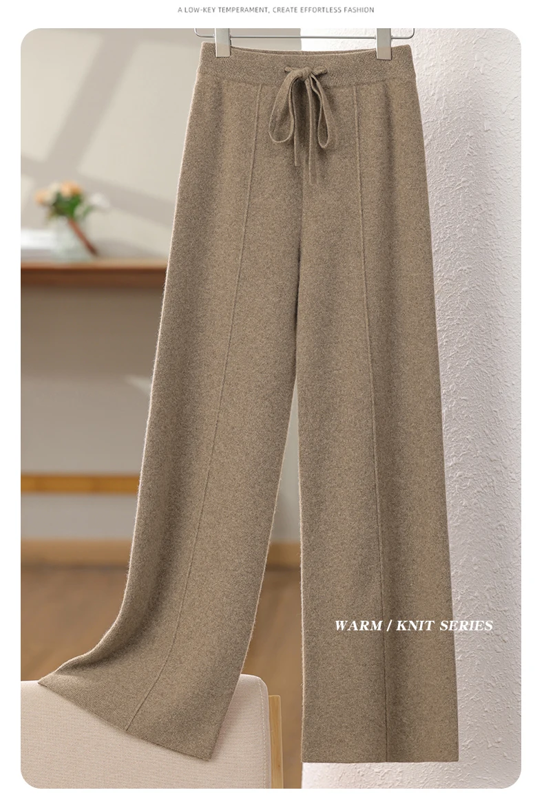 New Arrival Women High Waist Wide Leg Pants For Autumn Winter Thick Warm Solid Basic Casual Trousers 100% Merino Wool Knitwear