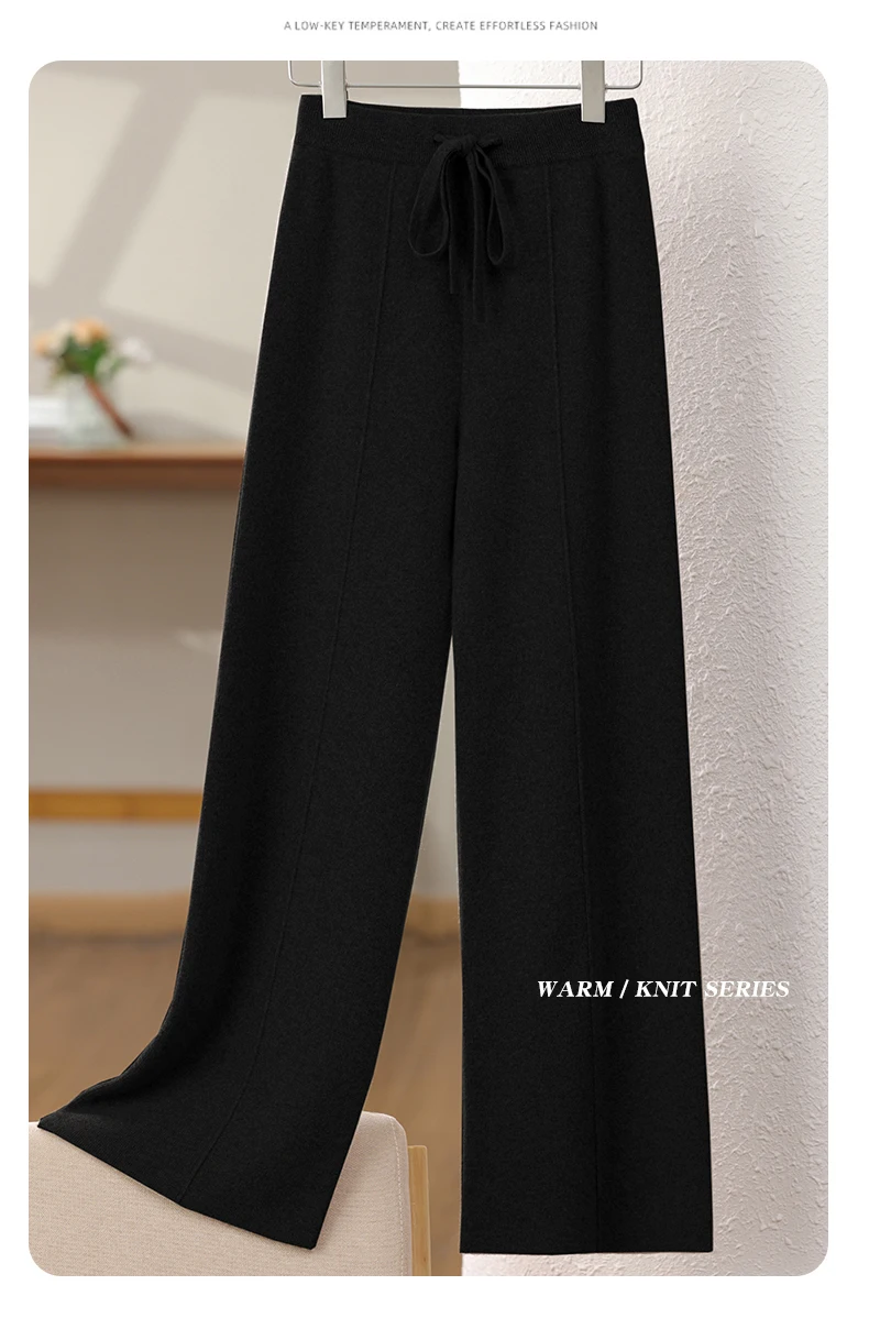 New Arrival Women High Waist Wide Leg Pants For Autumn Winter Thick Warm Solid Basic Casual Trousers 100% Merino Wool Knitwear