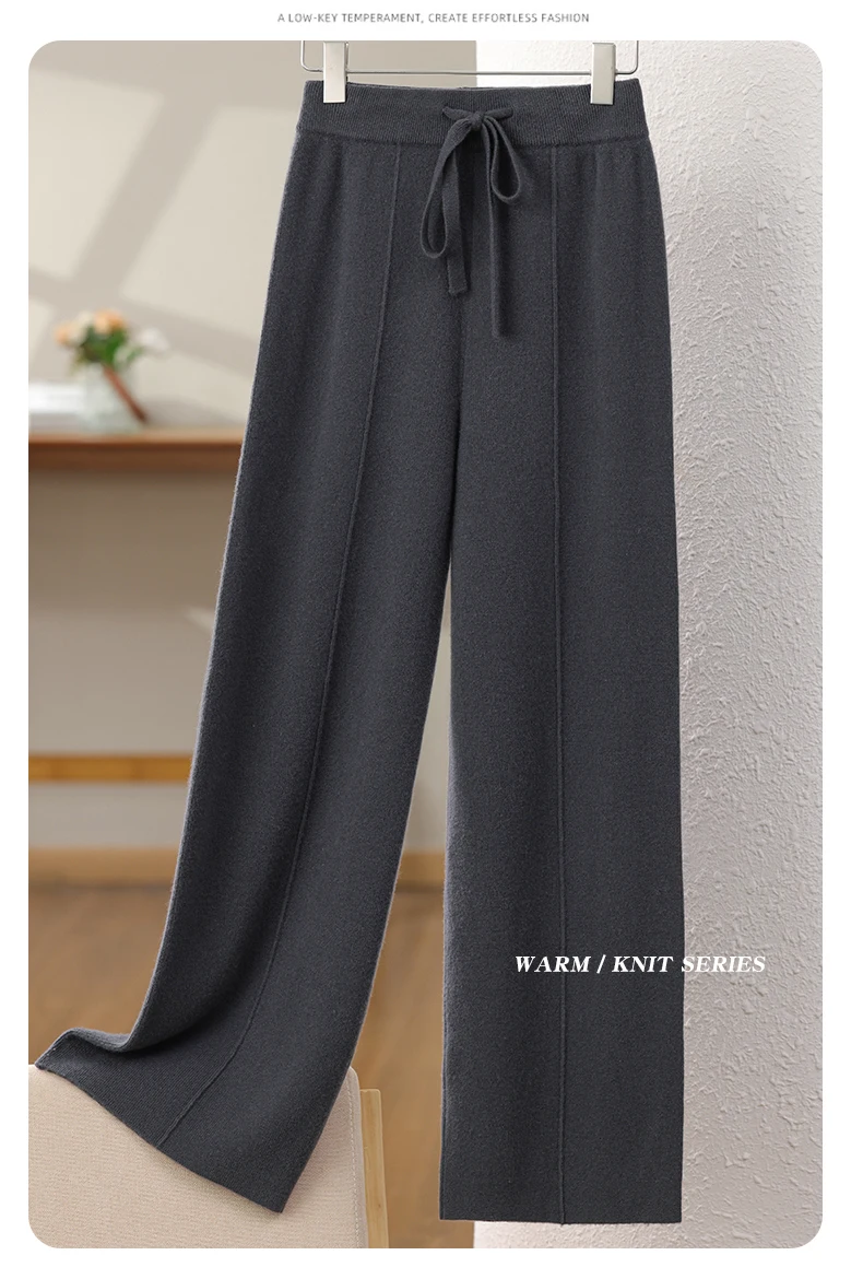 New Arrival Women High Waist Wide Leg Pants For Autumn Winter Thick Warm Solid Basic Casual Trousers 100% Merino Wool Knitwear