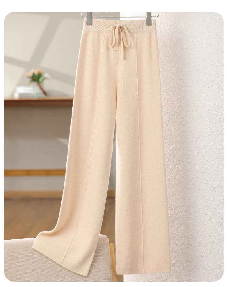 New Arrival Women High Waist Wide Leg Pants For Autumn Winter Thick Warm Solid Basic Casual Trousers 100% Merino Wool Knitwear