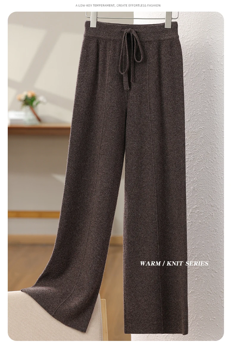 New Arrival Women High Waist Wide Leg Pants For Autumn Winter Thick Warm Solid Basic Casual Trousers 100% Merino Wool Knitwear
