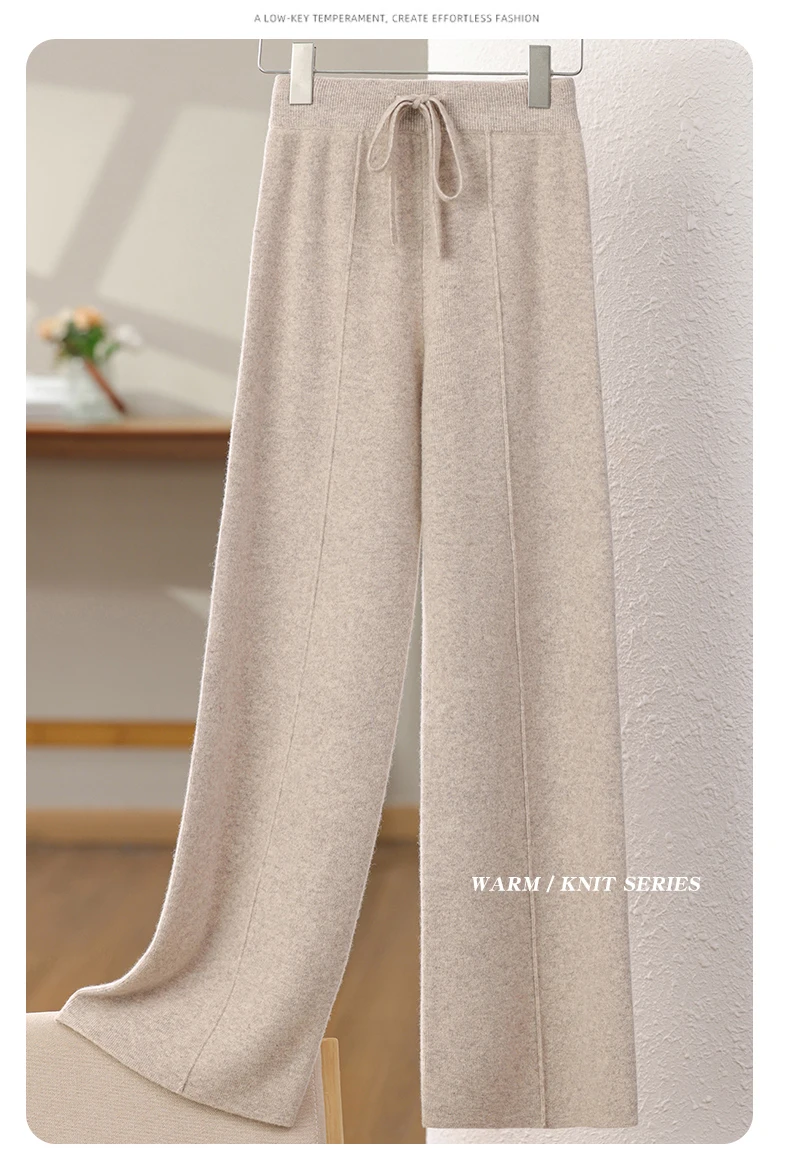 New Arrival Women High Waist Wide Leg Pants For Autumn Winter Thick Warm Solid Basic Casual Trousers 100% Merino Wool Knitwear