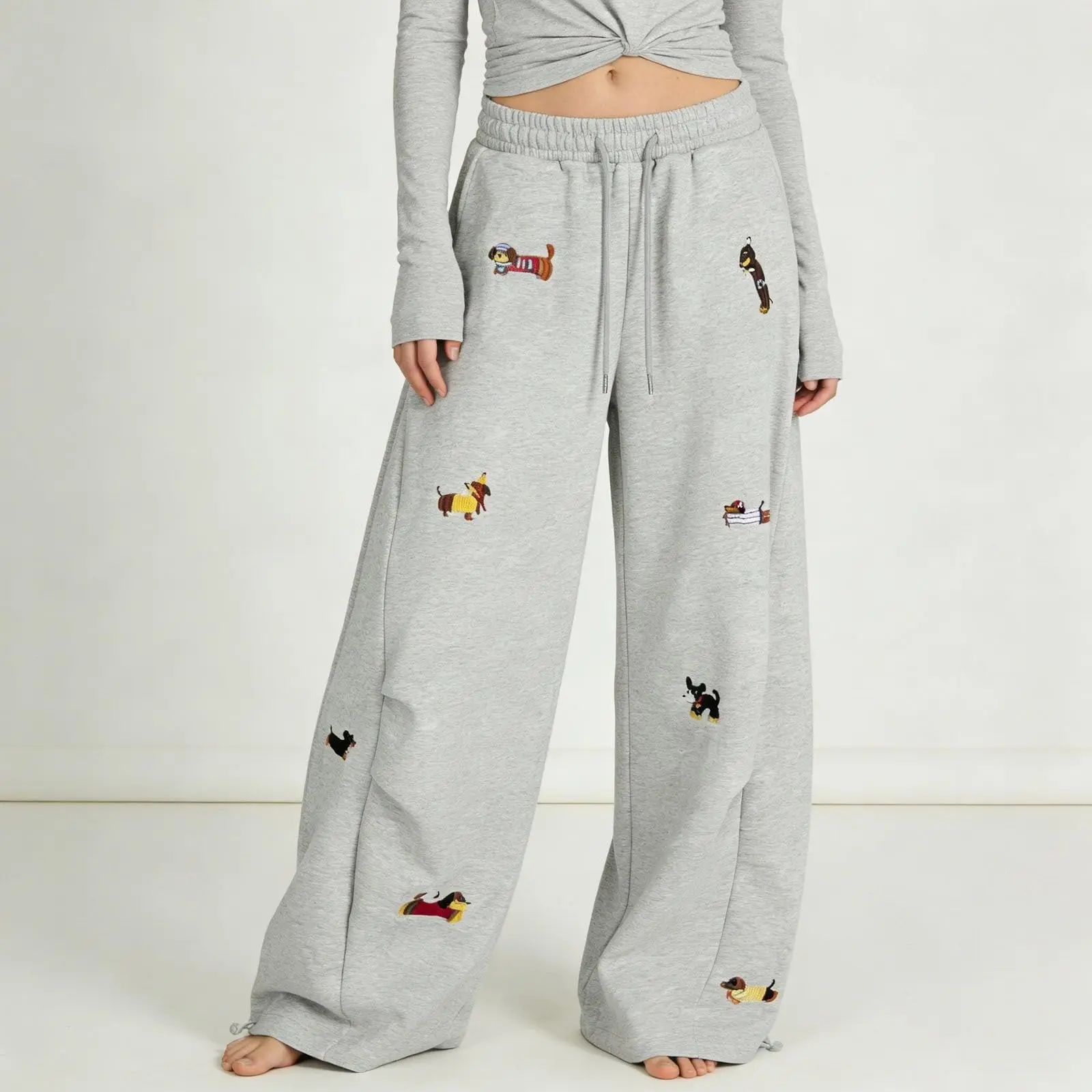 Cartoon Sausage Dog Embroidery Y2k Sweatpants Women American Retro High Waist Wide Leg Pant Streetwear Boyfriend Baggy Pants