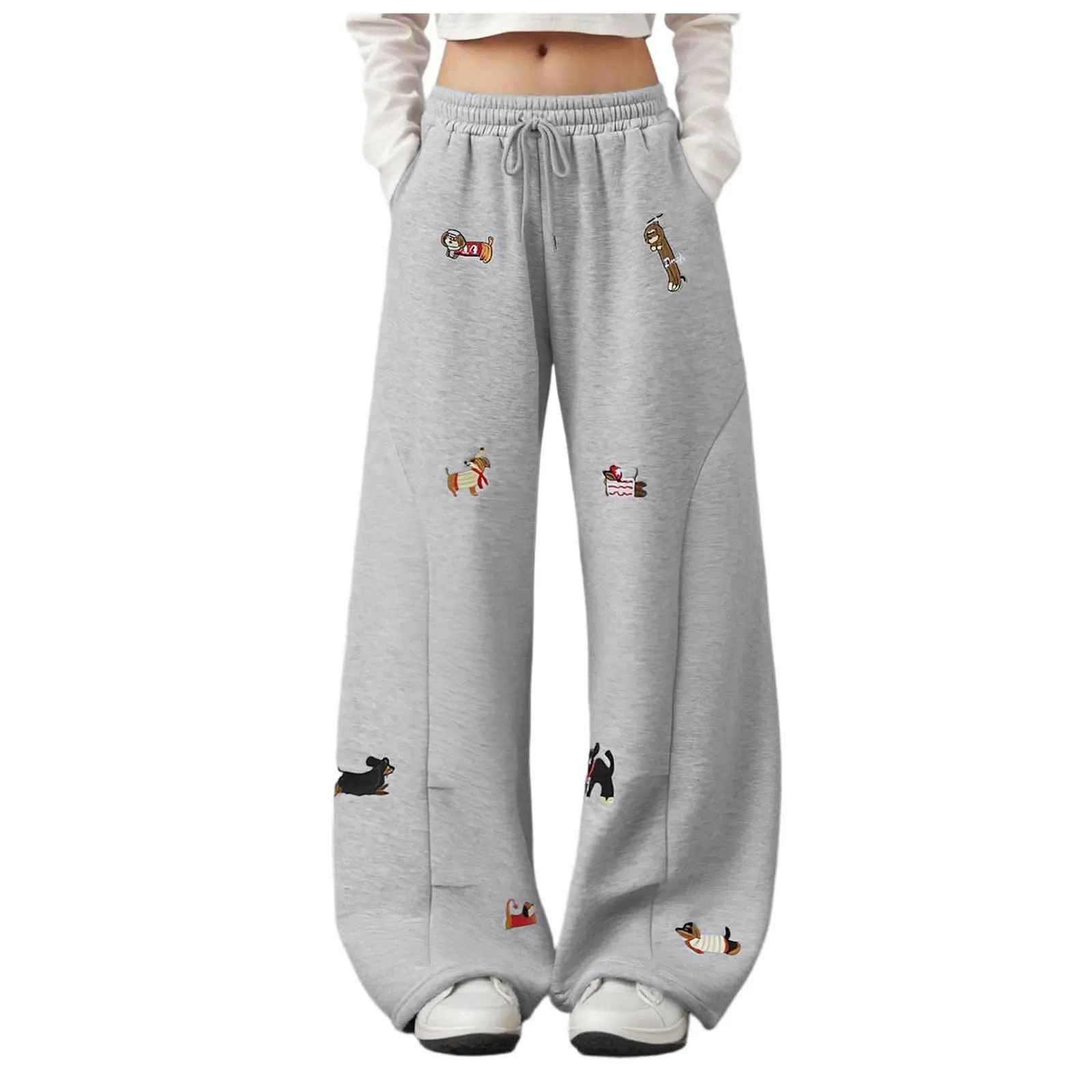 Cartoon Sausage Dog Embroidery Y2k Sweatpants Women American Retro High Waist Wide Leg Pant Streetwear Boyfriend Baggy Pants