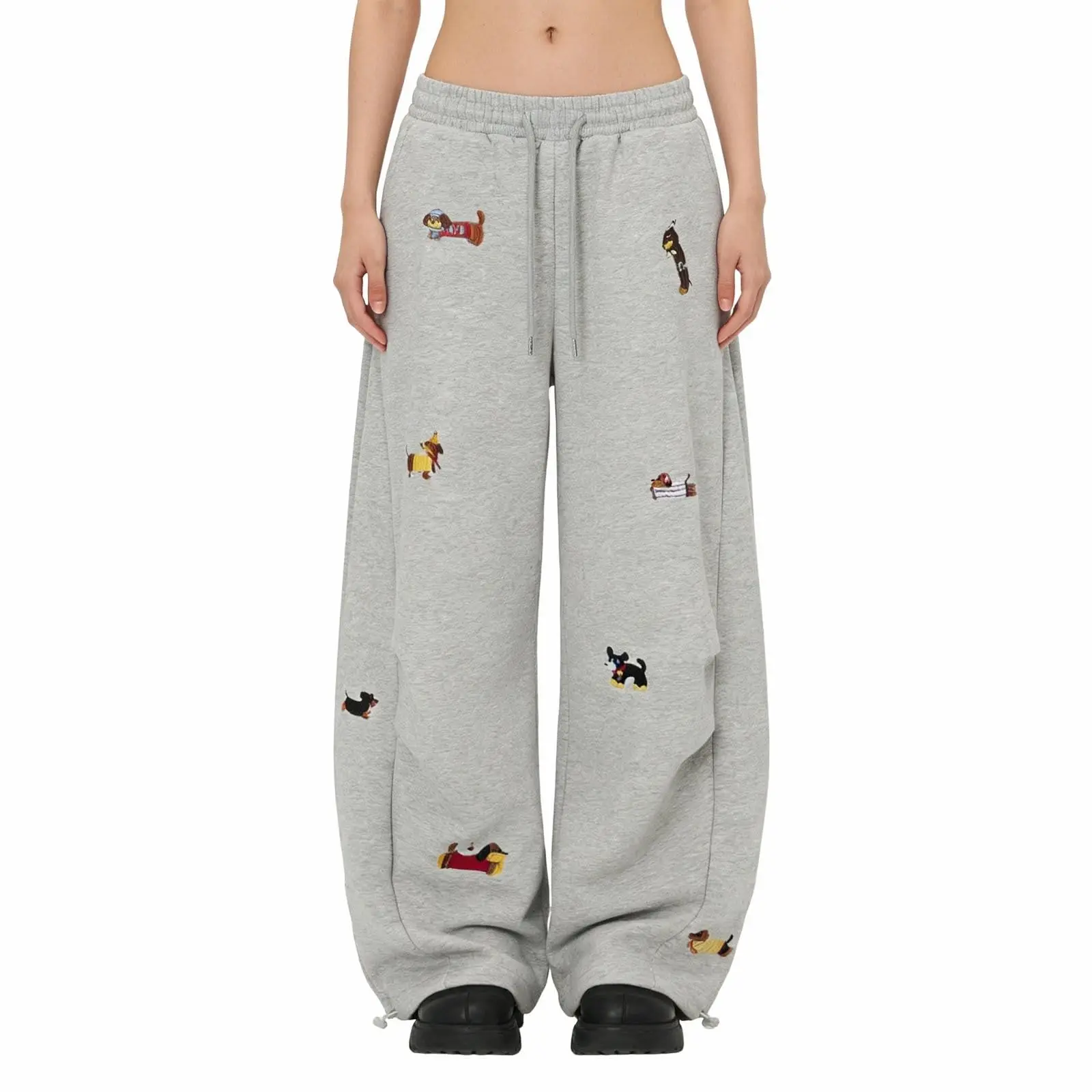 Cartoon Sausage Dog Embroidery Y2k Sweatpants Women American Retro High Waist Wide Leg Pant Streetwear Boyfriend Baggy Pants
