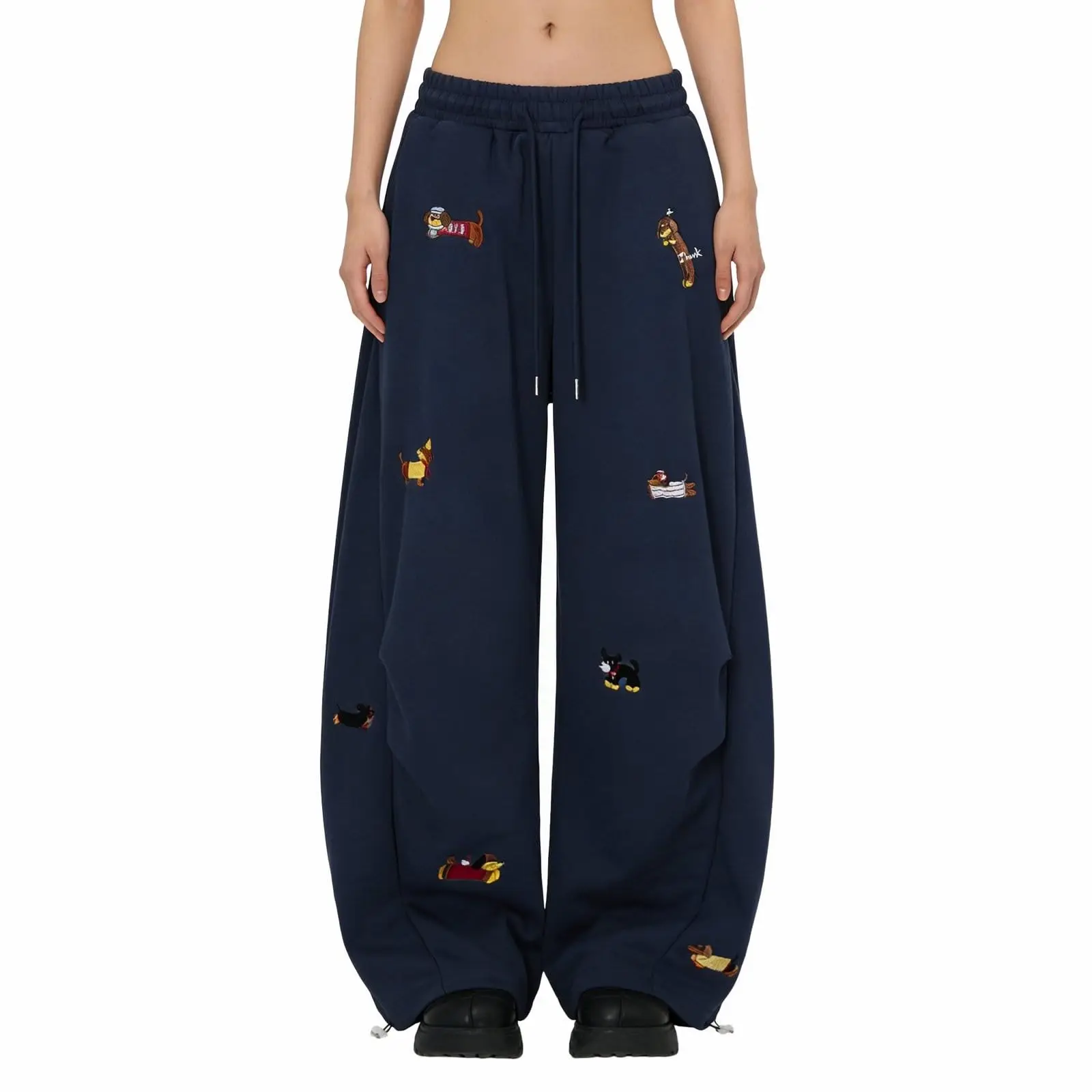 Cartoon Sausage Dog Embroidery Y2k Sweatpants Women American Retro High Waist Wide Leg Pant Streetwear Boyfriend Baggy Pants