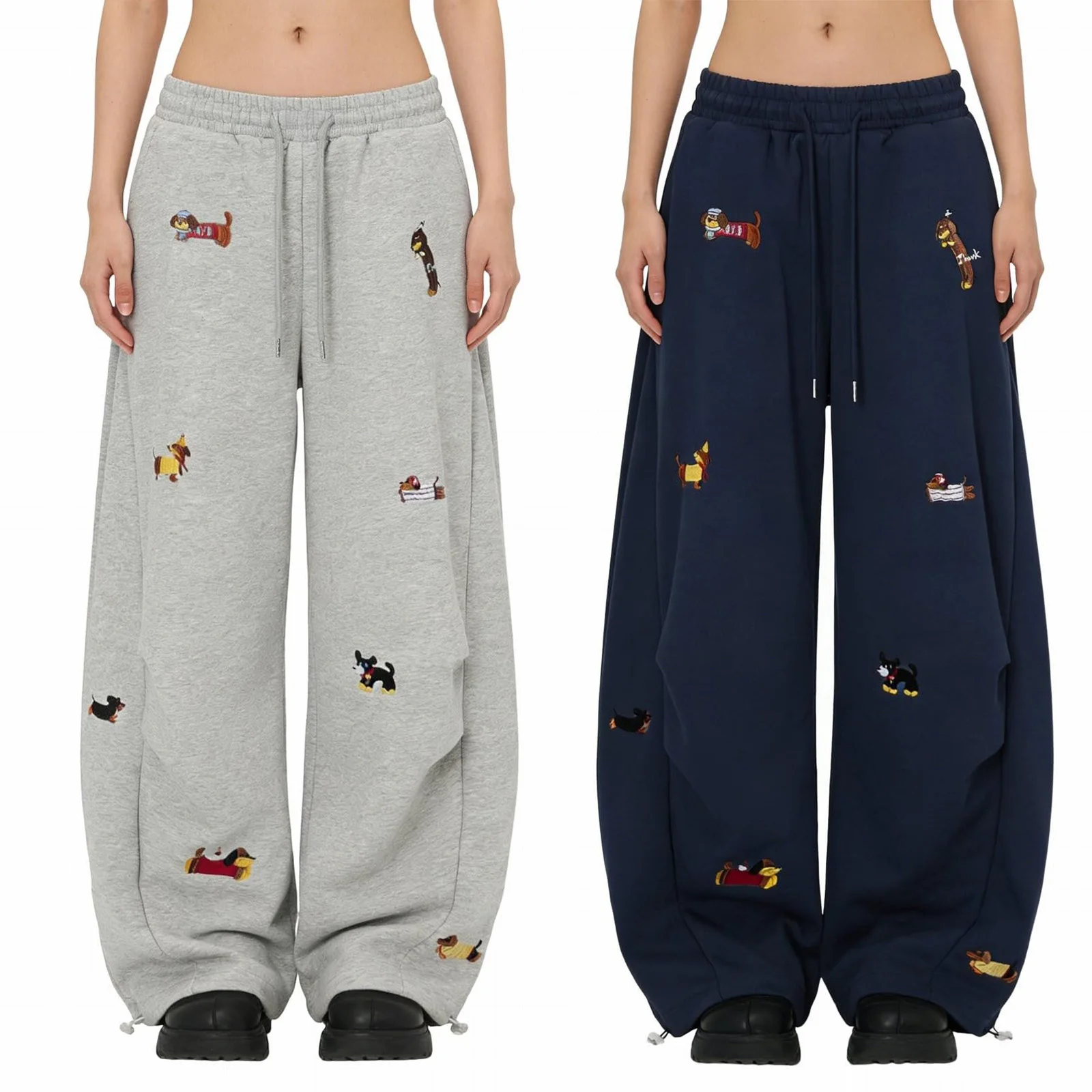 Cartoon Sausage Dog Embroidery Y2k Sweatpants Women American Retro High Waist Wide Leg Pant Streetwear Boyfriend Baggy Pants