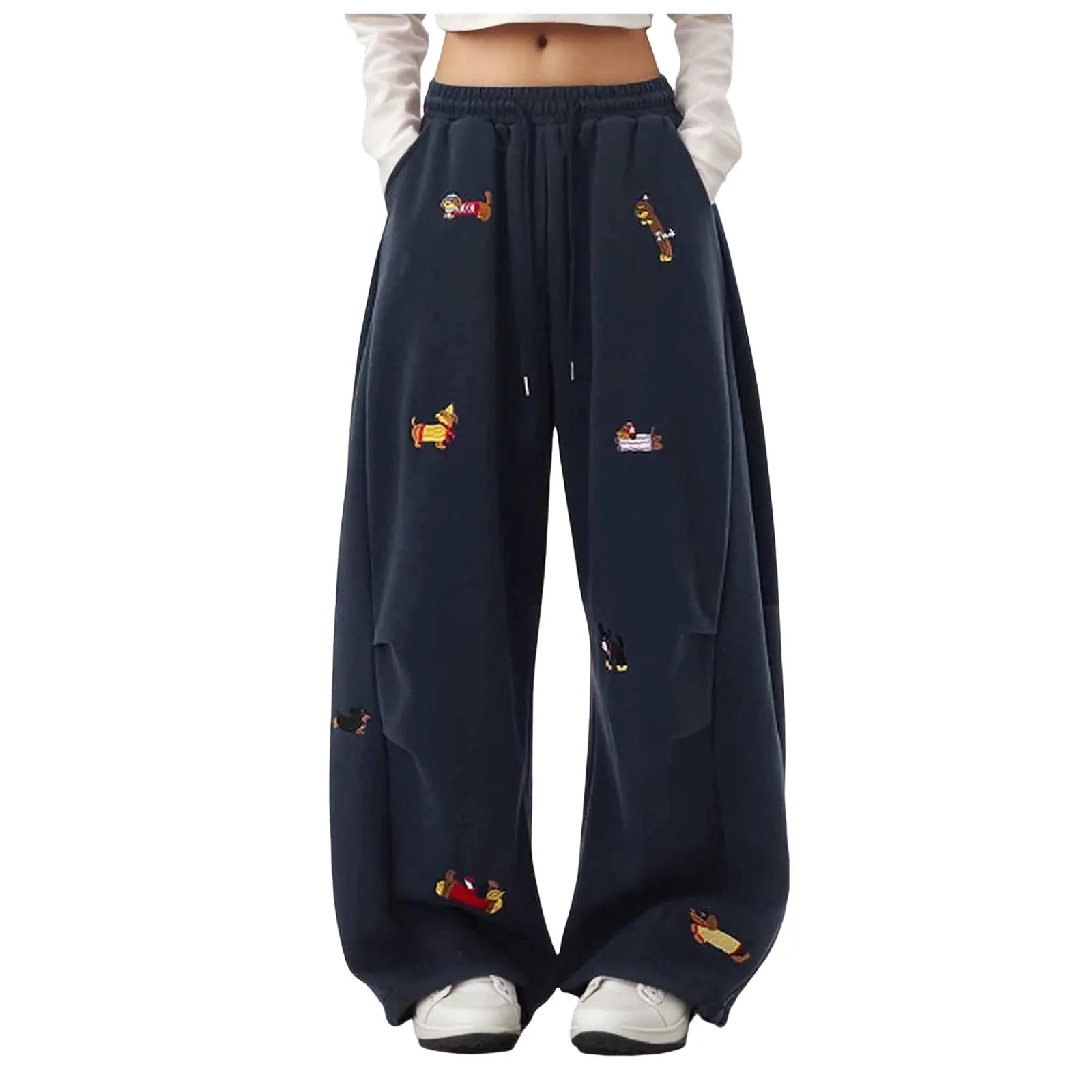 Cartoon Sausage Dog Embroidery Y2k Sweatpants Women American Retro High Waist Wide Leg Pant Streetwear Boyfriend Baggy Pants
