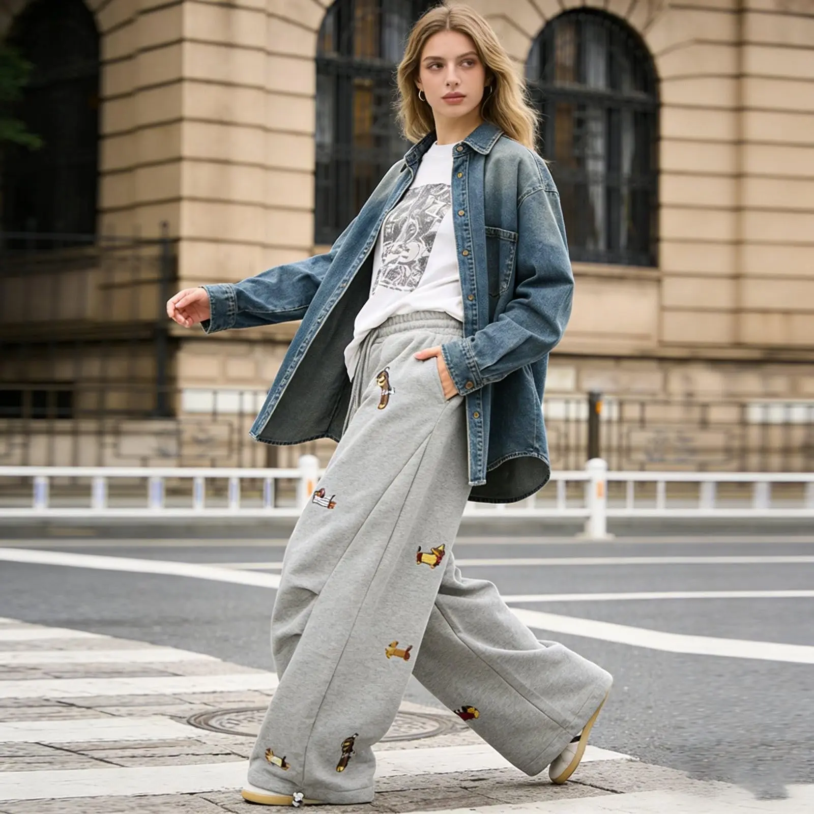 Cartoon Sausage Dog Embroidery Y2k Sweatpants Women American Retro High Waist Wide Leg Pant Streetwear Boyfriend Baggy Pants