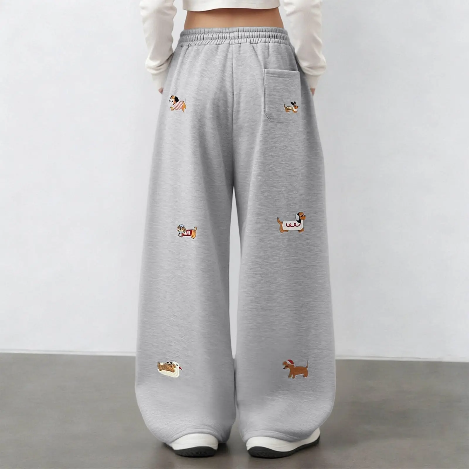 Cartoon Sausage Dog Embroidery Y2k Sweatpants Women American Retro High Waist Wide Leg Pant Streetwear Boyfriend Baggy Pants