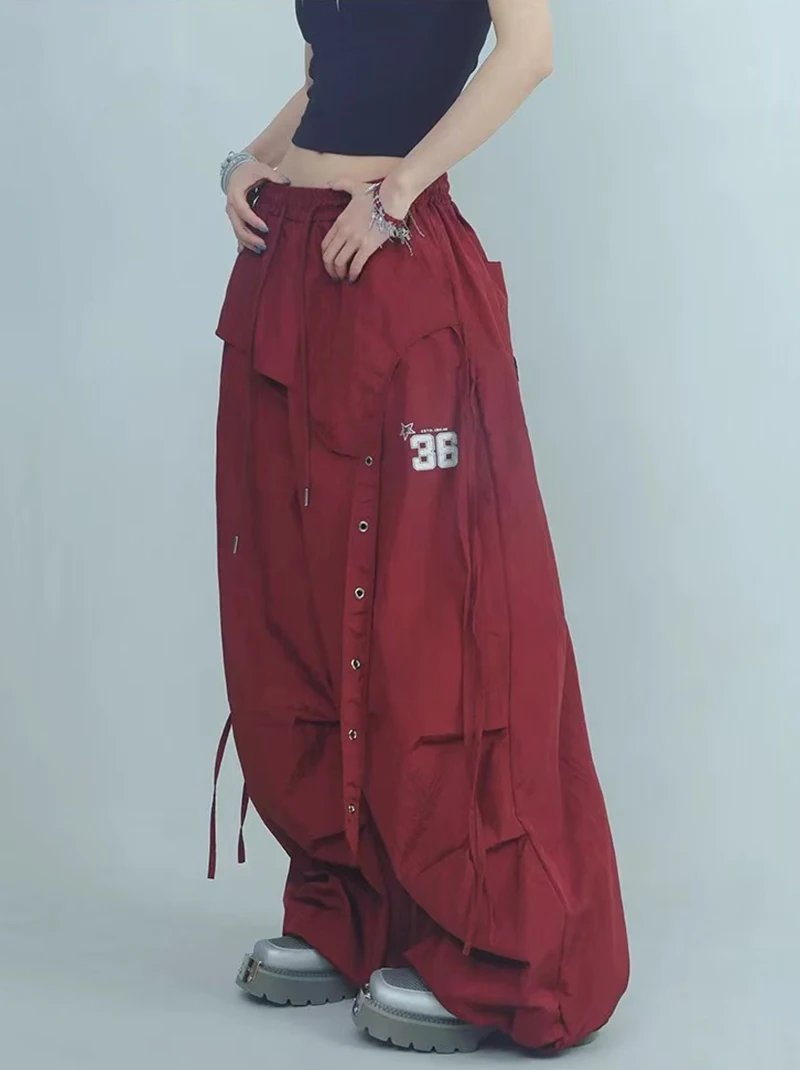 Y2K Streetwear Cargo Pants Women High Waist Baggy Patchwork Parachute Pants Bf Hip Hop All Match Ribbon Jazz Dance Sweatpants