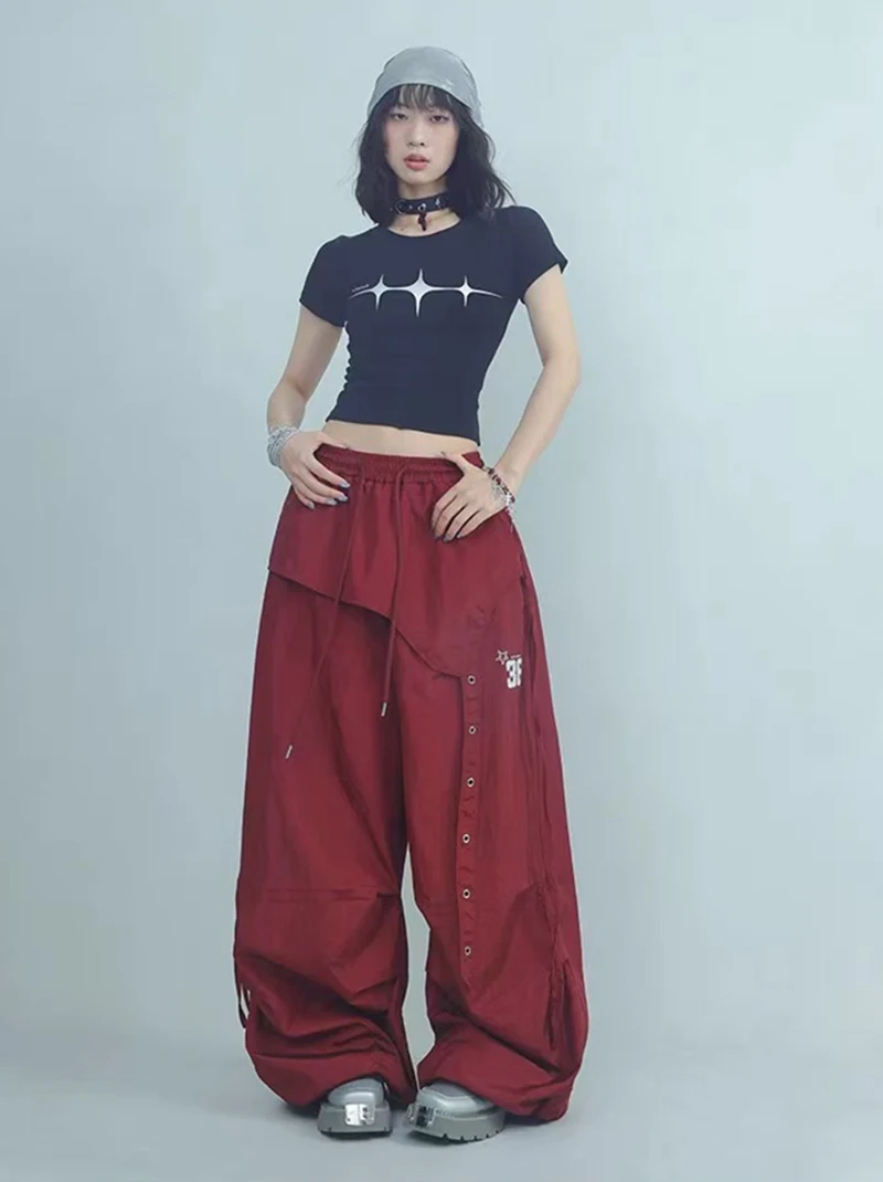 Y2K Streetwear Cargo Pants Women High Waist Baggy Patchwork Parachute Pants Bf Hip Hop All Match Ribbon Jazz Dance Sweatpants