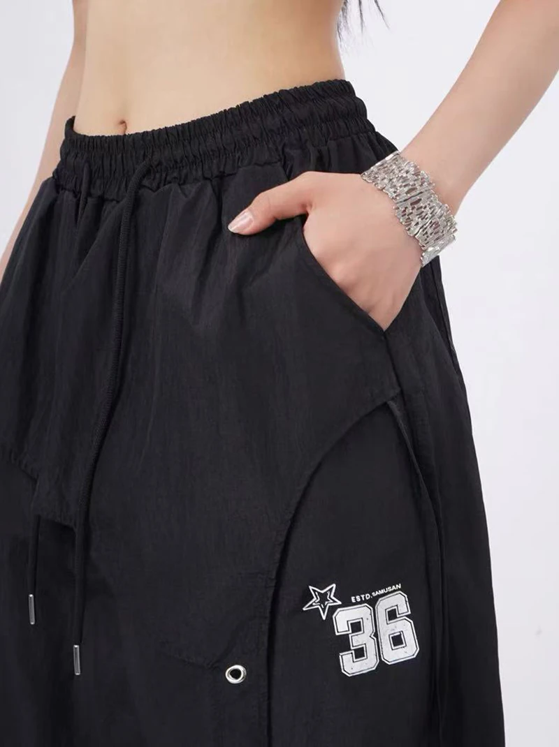 Y2K Streetwear Cargo Pants Women High Waist Baggy Patchwork Parachute Pants Bf Hip Hop All Match Ribbon Jazz Dance Sweatpants