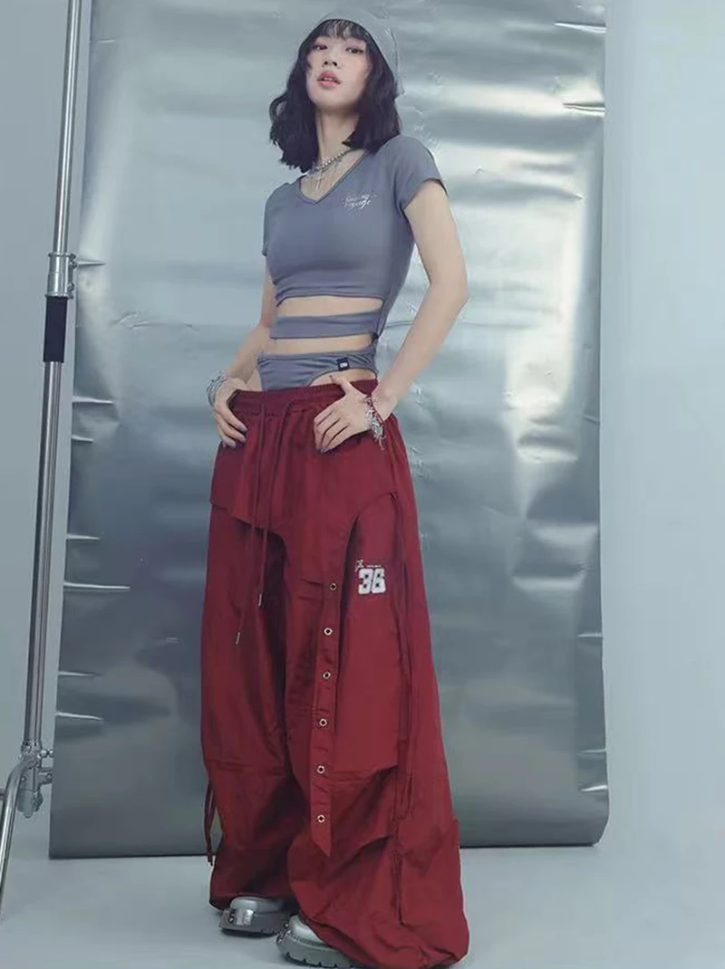 Y2K Streetwear Cargo Pants Women High Waist Baggy Patchwork Parachute Pants Bf Hip Hop All Match Ribbon Jazz Dance Sweatpants