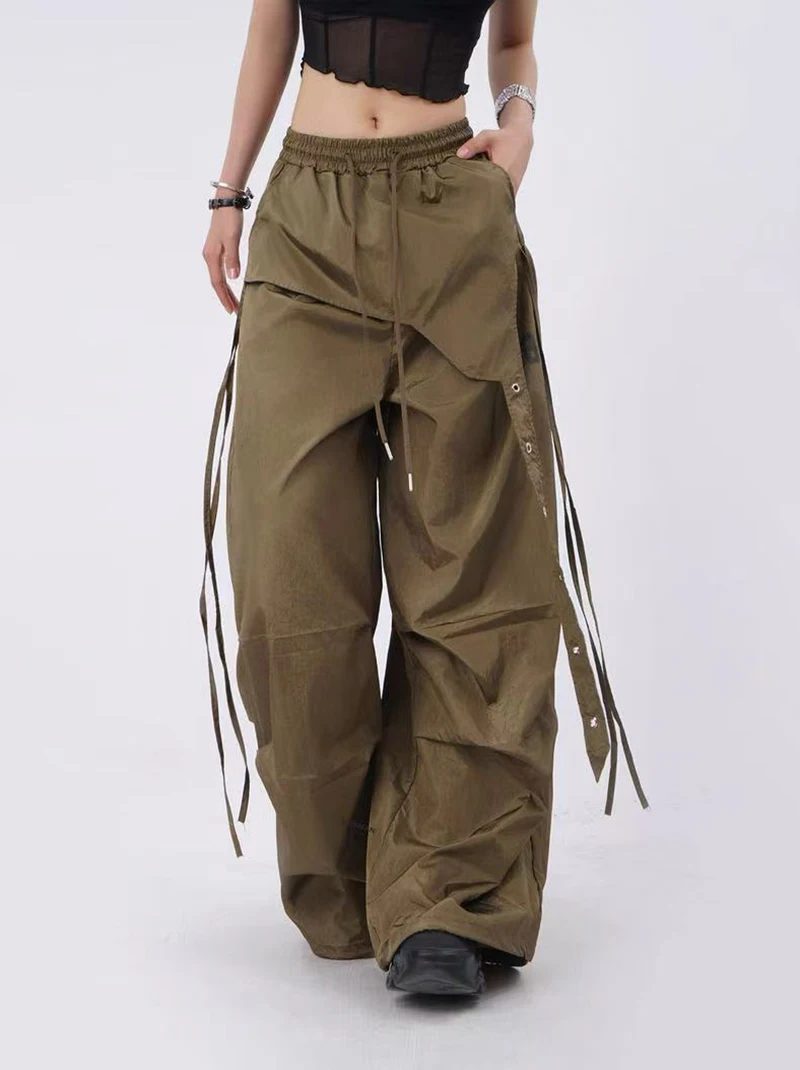 Y2K Streetwear Cargo Pants Women High Waist Baggy Patchwork Parachute Pants Bf Hip Hop All Match Ribbon Jazz Dance Sweatpants