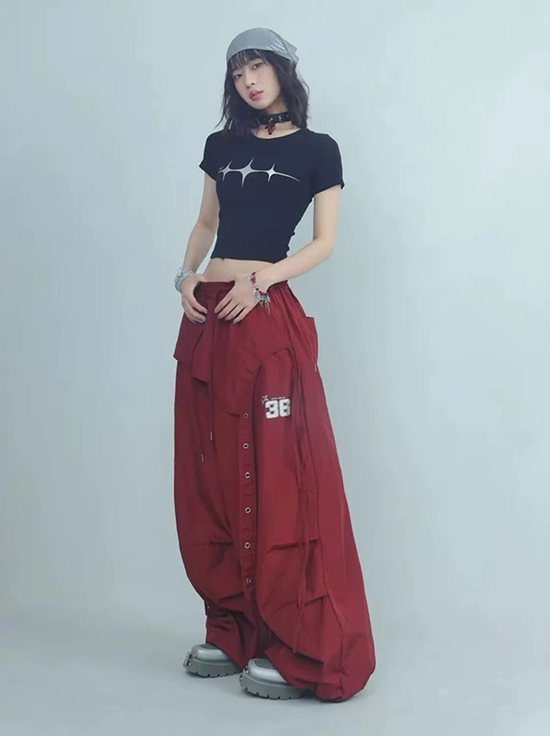 Y2K Streetwear Cargo Pants Women High Waist Baggy Patchwork Parachute Pants Bf Hip Hop All Match Ribbon Jazz Dance Sweatpants