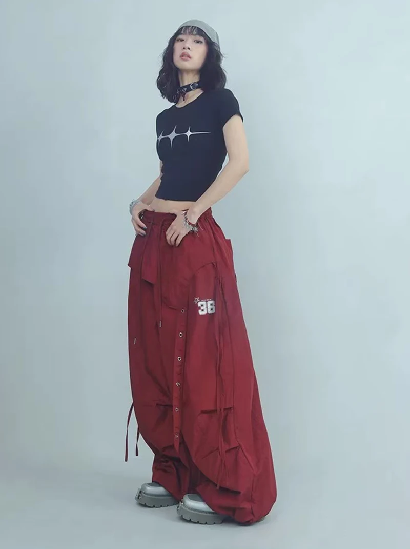 Y2K Streetwear Cargo Pants Women High Waist Baggy Patchwork Parachute Pants Bf Hip Hop All Match Ribbon Jazz Dance Sweatpants