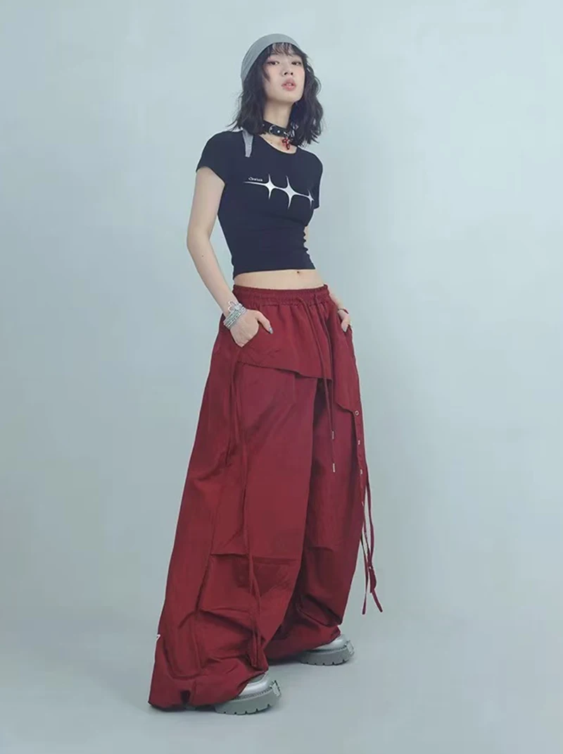 Y2K Streetwear Cargo Pants Women High Waist Baggy Patchwork Parachute Pants Bf Hip Hop All Match Ribbon Jazz Dance Sweatpants