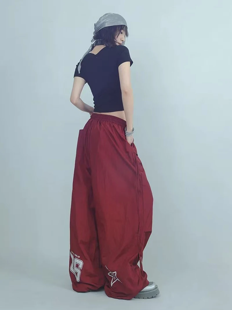 Y2K Streetwear Cargo Pants Women High Waist Baggy Patchwork Parachute Pants Bf Hip Hop All Match Ribbon Jazz Dance Sweatpants