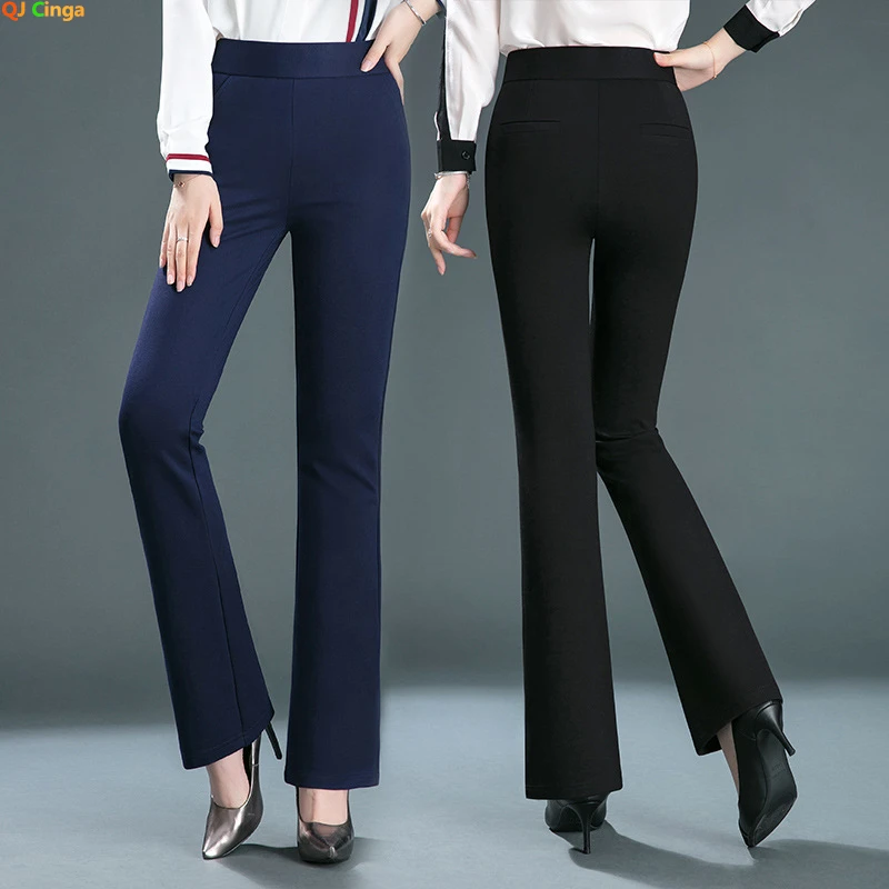 Women's Black Elastic Waist Pants, Fashion Slim Flare Pant, Khaki Camel Trousers, Navy Blue Pantalones Female, Asian Size S-10XL