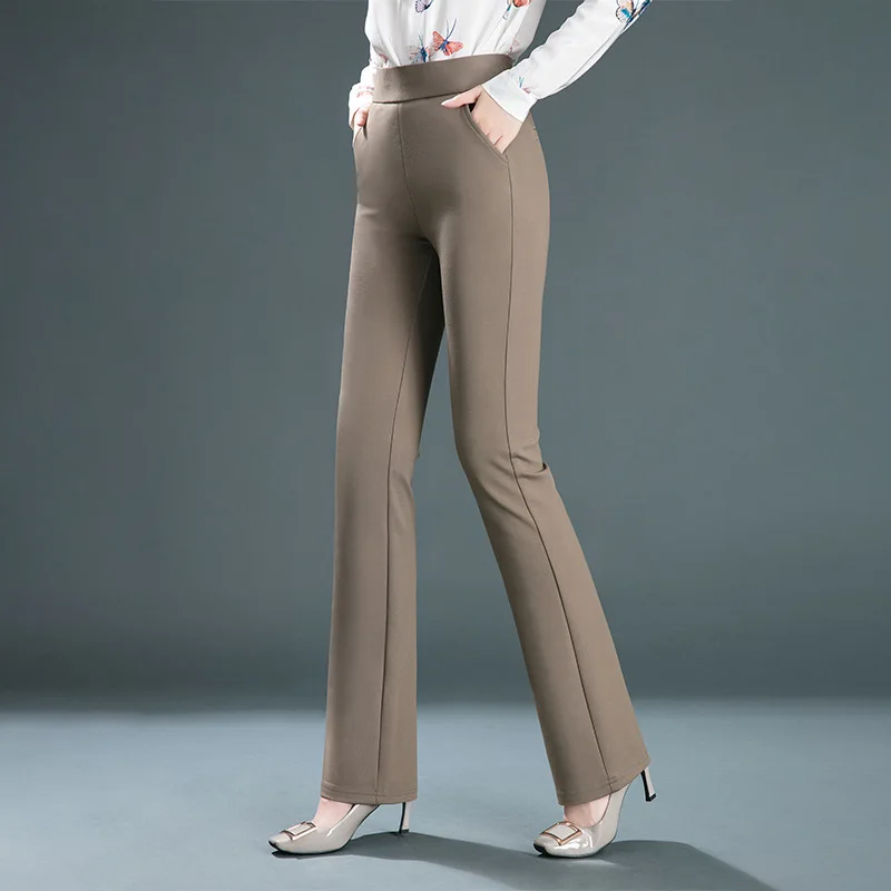 Women's Black Elastic Waist Pants, Fashion Slim Flare Pant, Khaki Camel Trousers, Navy Blue Pantalones Female, Asian Size S-10XL