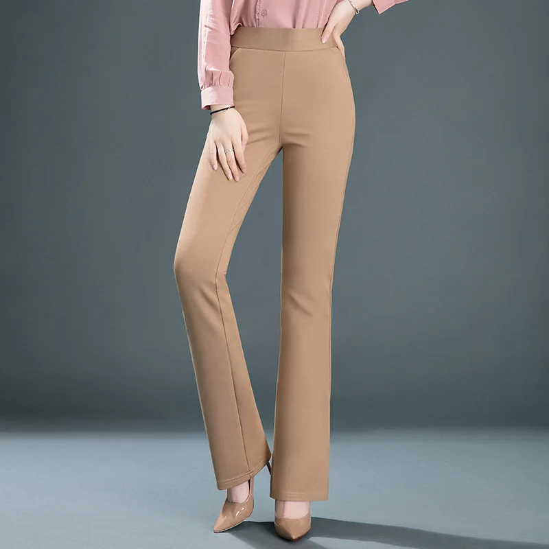 Women's Black Elastic Waist Pants, Fashion Slim Flare Pant, Khaki Camel Trousers, Navy Blue Pantalones Female, Asian Size S-10XL