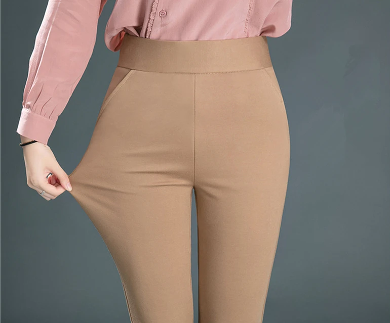 Women's Black Elastic Waist Pants, Fashion Slim Flare Pant, Khaki Camel Trousers, Navy Blue Pantalones Female, Asian Size S-10XL
