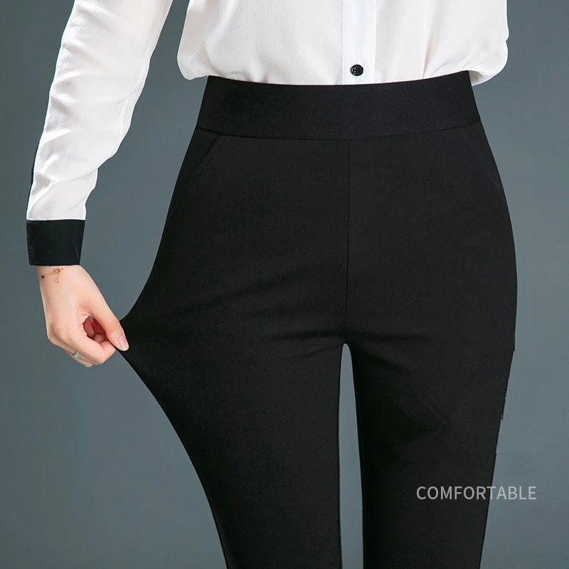 Women's Black Elastic Waist Pants, Fashion Slim Flare Pant, Khaki Camel Trousers, Navy Blue Pantalones Female, Asian Size S-10XL