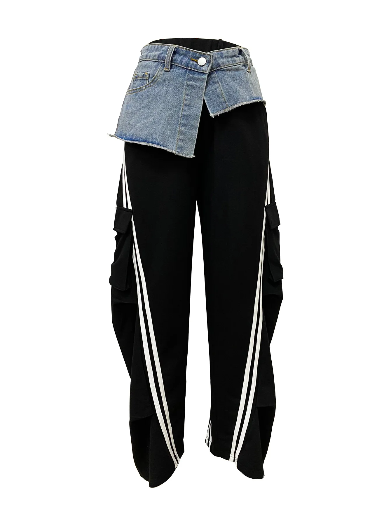 CM.YAYA Fashion Women Denim Patchwork Pocket Side Wide Leg Loose Jogger Pants 2024 Active Jean Splicing Sweatpants Trousers