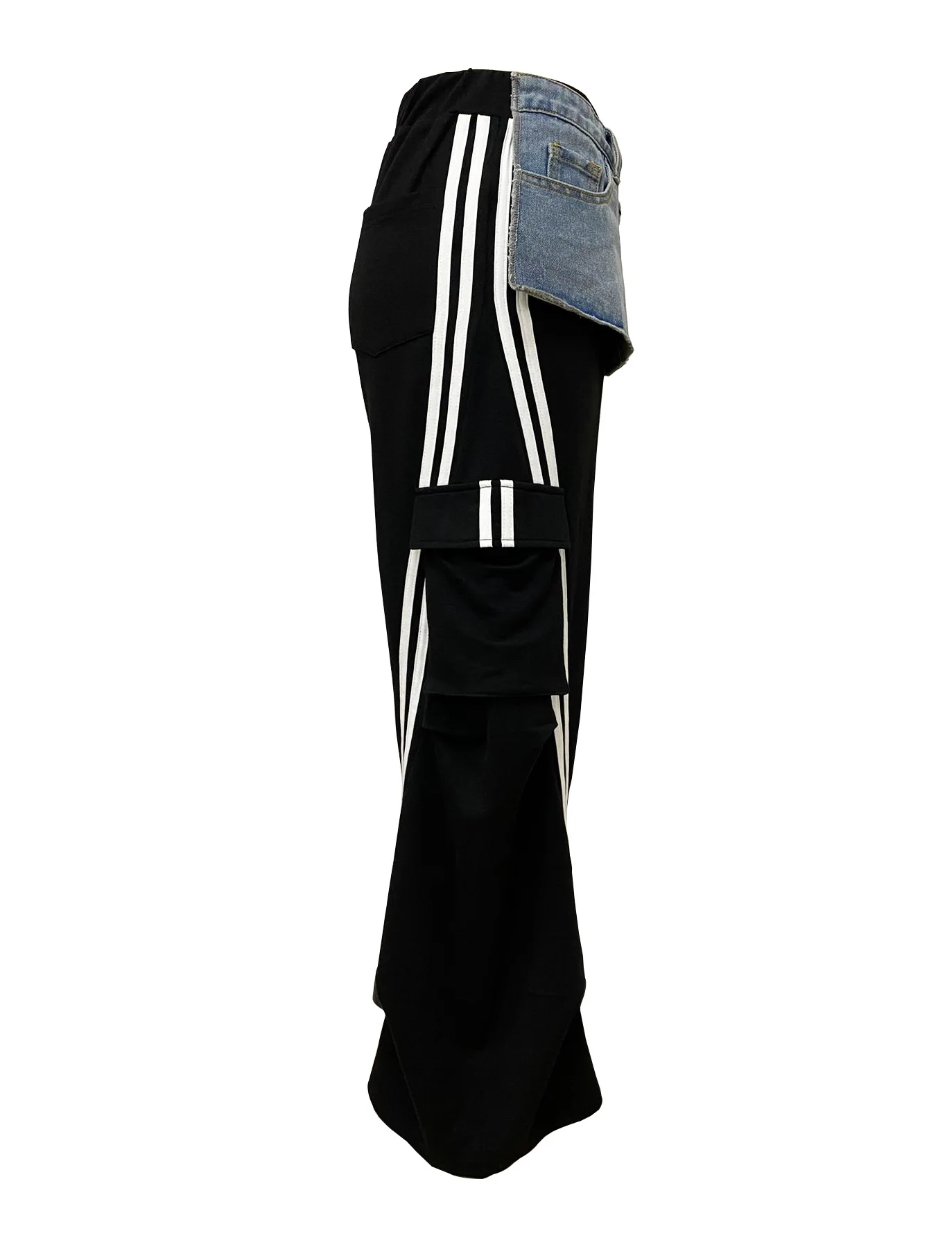 CM.YAYA Fashion Women Denim Patchwork Pocket Side Wide Leg Loose Jogger Pants 2024 Active Jean Splicing Sweatpants Trousers