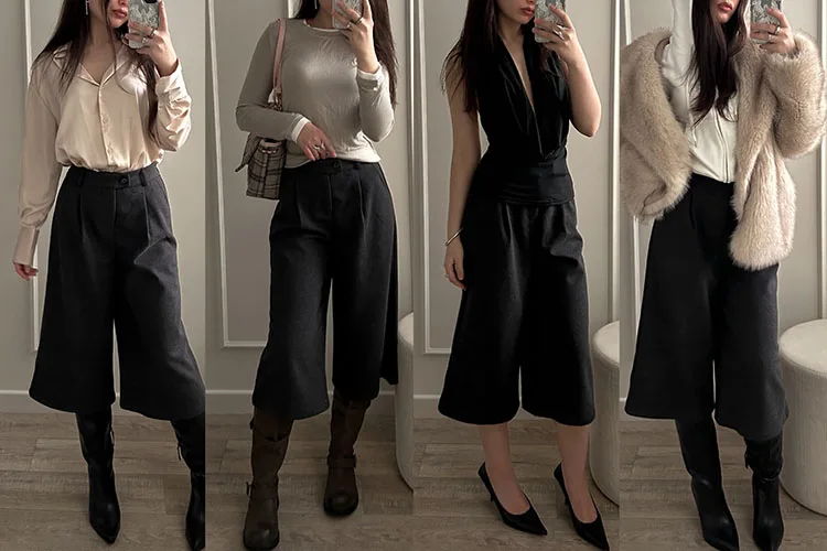 KarSaNy Black Woolen Cropped Pants Women Office Wear Wide Leg Trousers High Waist Gray Straight Leg Pants For Women Winter