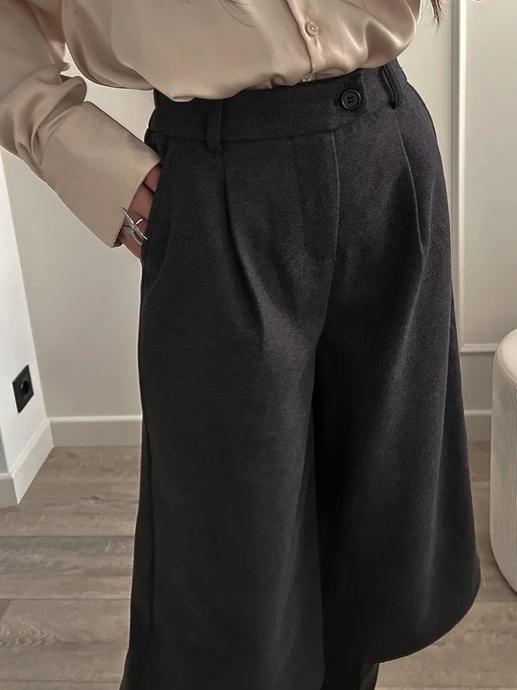 KarSaNy Black Woolen Cropped Pants Women Office Wear Wide Leg Trousers High Waist Gray Straight Leg Pants For Women Winter