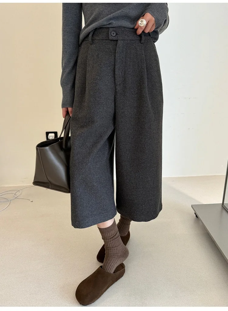 KarSaNy Black Woolen Cropped Pants Women Office Wear Wide Leg Trousers High Waist Gray Straight Leg Pants For Women Winter