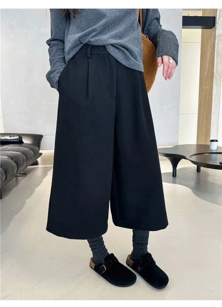 KarSaNy Black Woolen Cropped Pants Women Office Wear Wide Leg Trousers High Waist Gray Straight Leg Pants For Women Winter