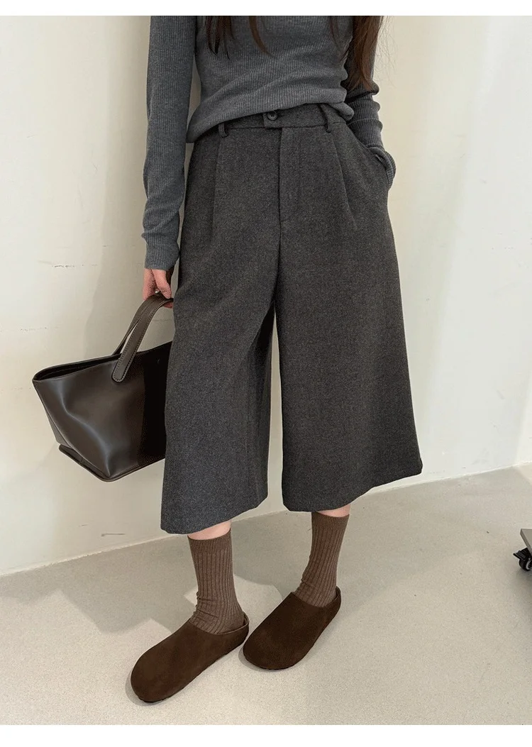 KarSaNy Black Woolen Cropped Pants Women Office Wear Wide Leg Trousers High Waist Gray Straight Leg Pants For Women Winter