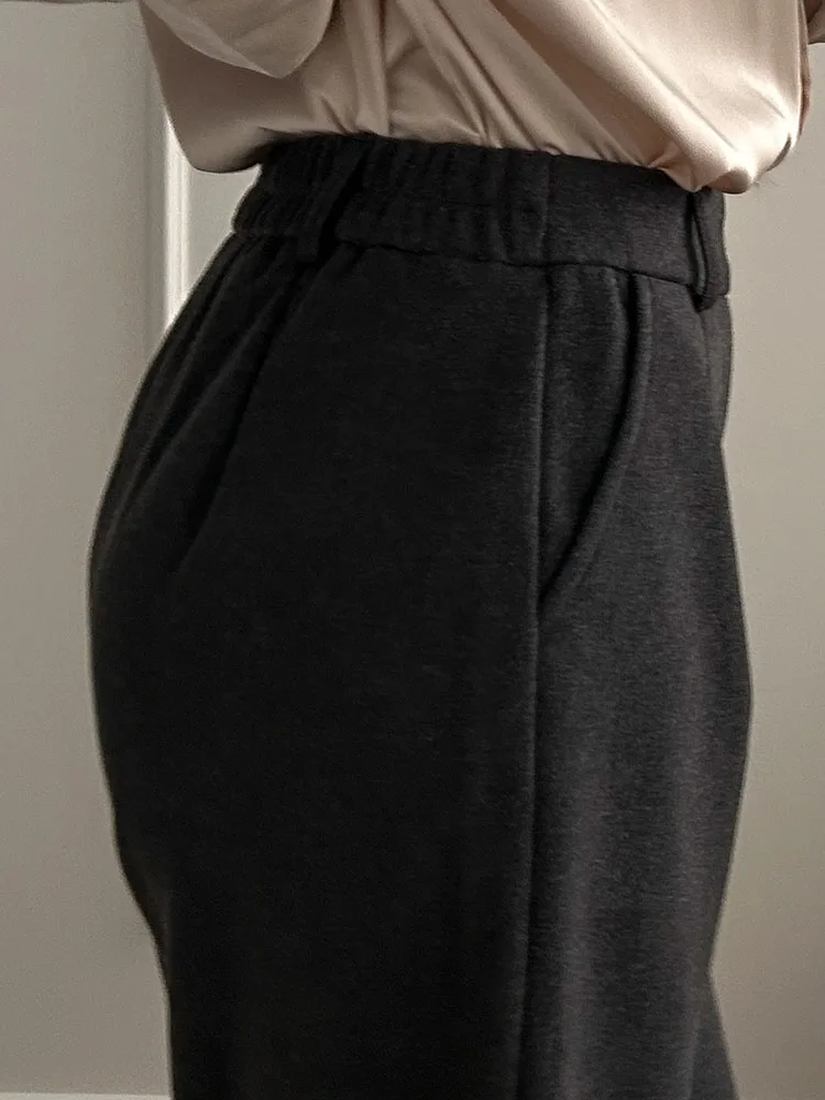 KarSaNy Black Woolen Cropped Pants Women Office Wear Wide Leg Trousers High Waist Gray Straight Leg Pants For Women Winter