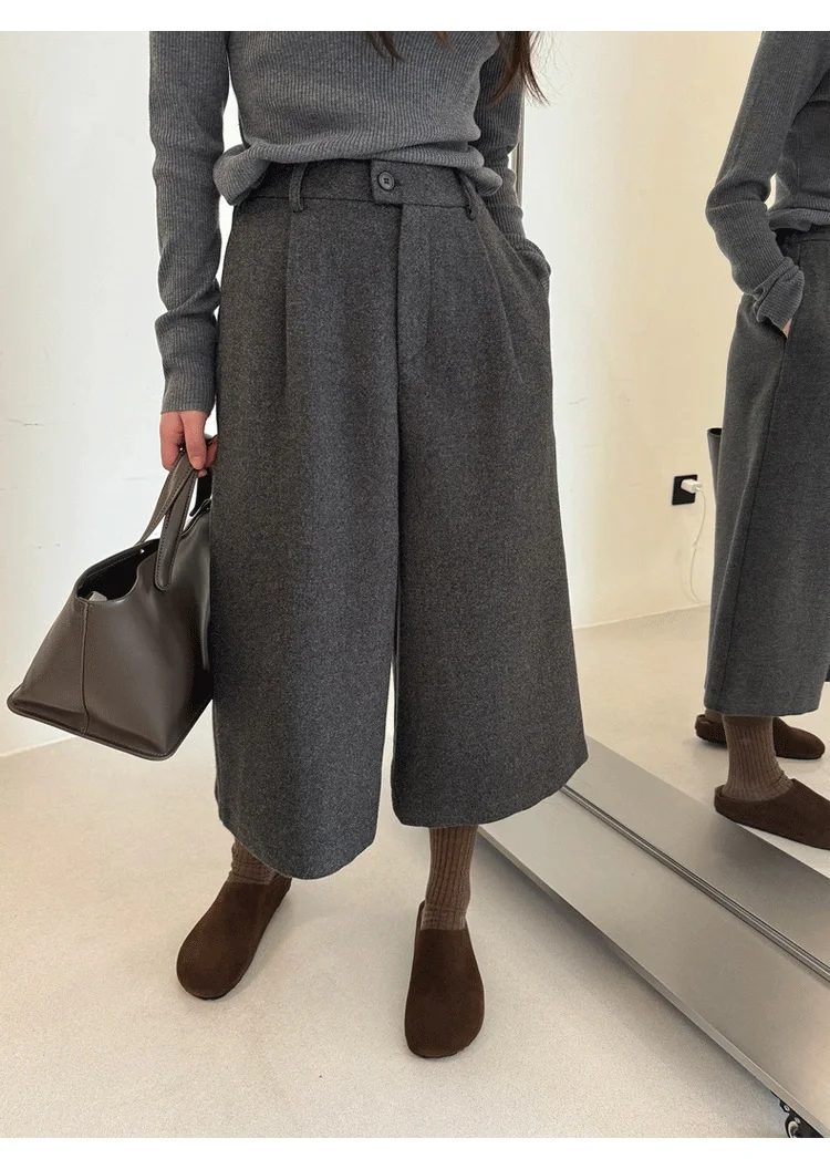 KarSaNy Black Woolen Cropped Pants Women Office Wear Wide Leg Trousers High Waist Gray Straight Leg Pants For Women Winter