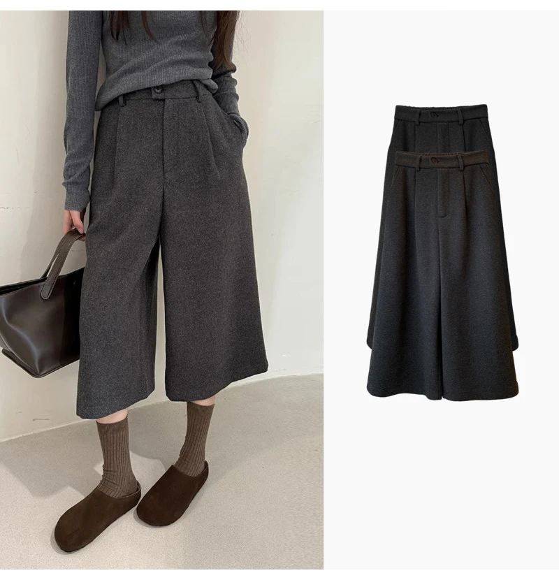 KarSaNy Black Woolen Cropped Pants Women Office Wear Wide Leg Trousers High Waist Gray Straight Leg Pants For Women Winter