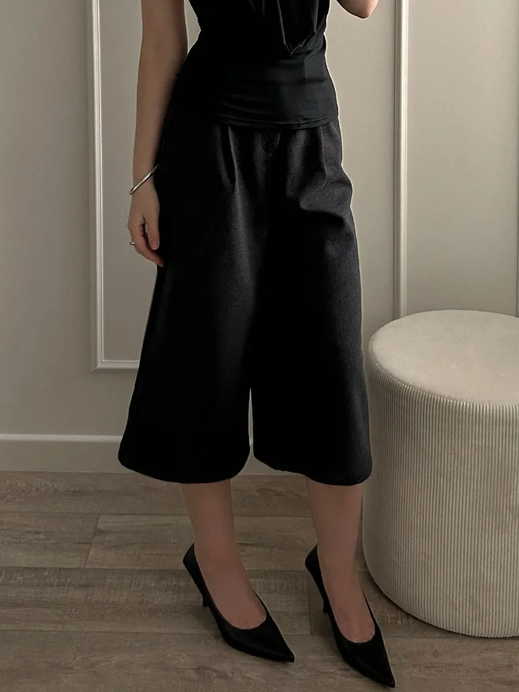 KarSaNy Black Woolen Cropped Pants Women Office Wear Wide Leg Trousers High Waist Gray Straight Leg Pants For Women Winter