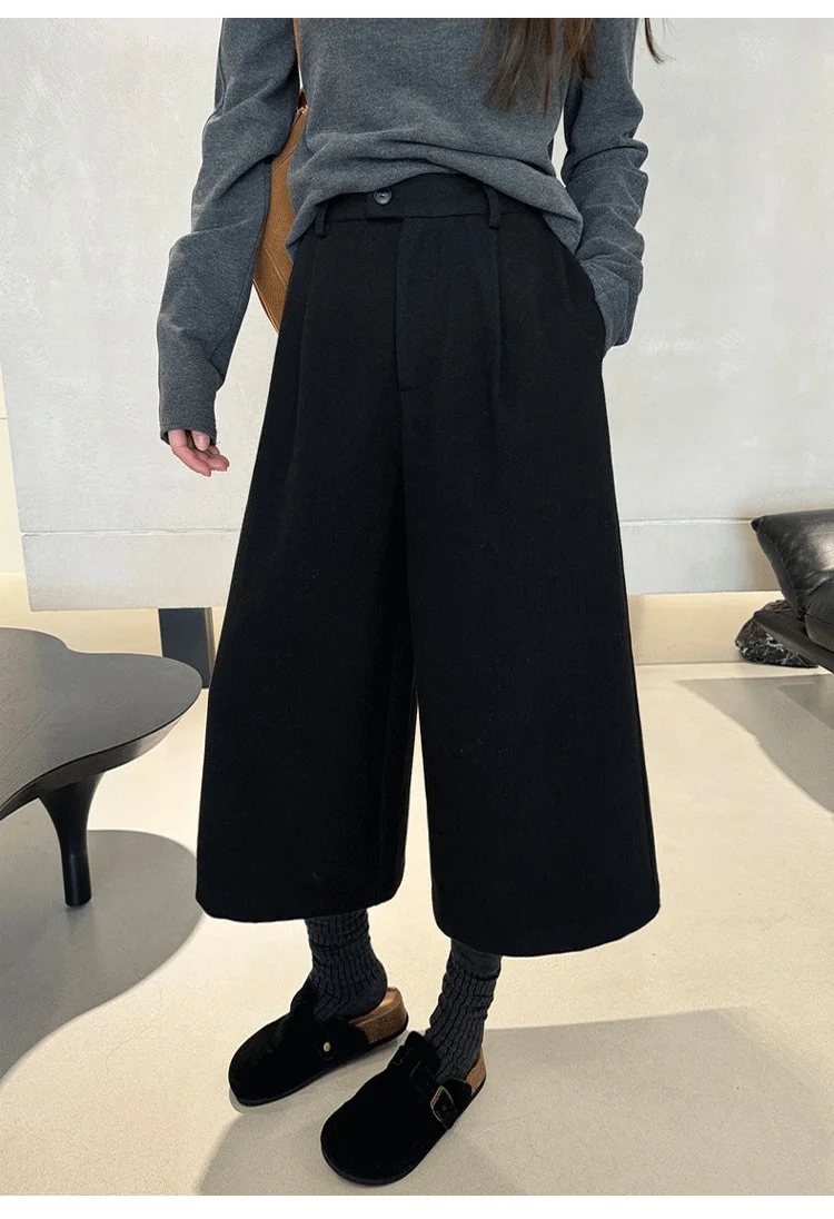 KarSaNy Black Woolen Cropped Pants Women Office Wear Wide Leg Trousers High Waist Gray Straight Leg Pants For Women Winter